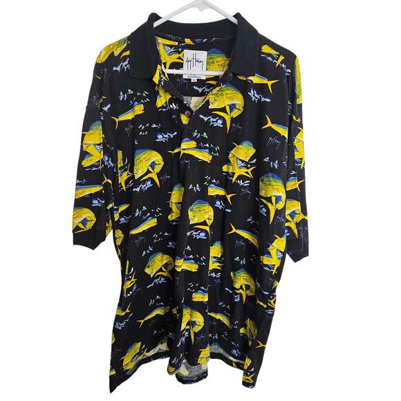 Guy Harvey by AFCO Bluewater Black Fish Print Short Sleeve Polo Shirt Men XL - Picture 1 of 8